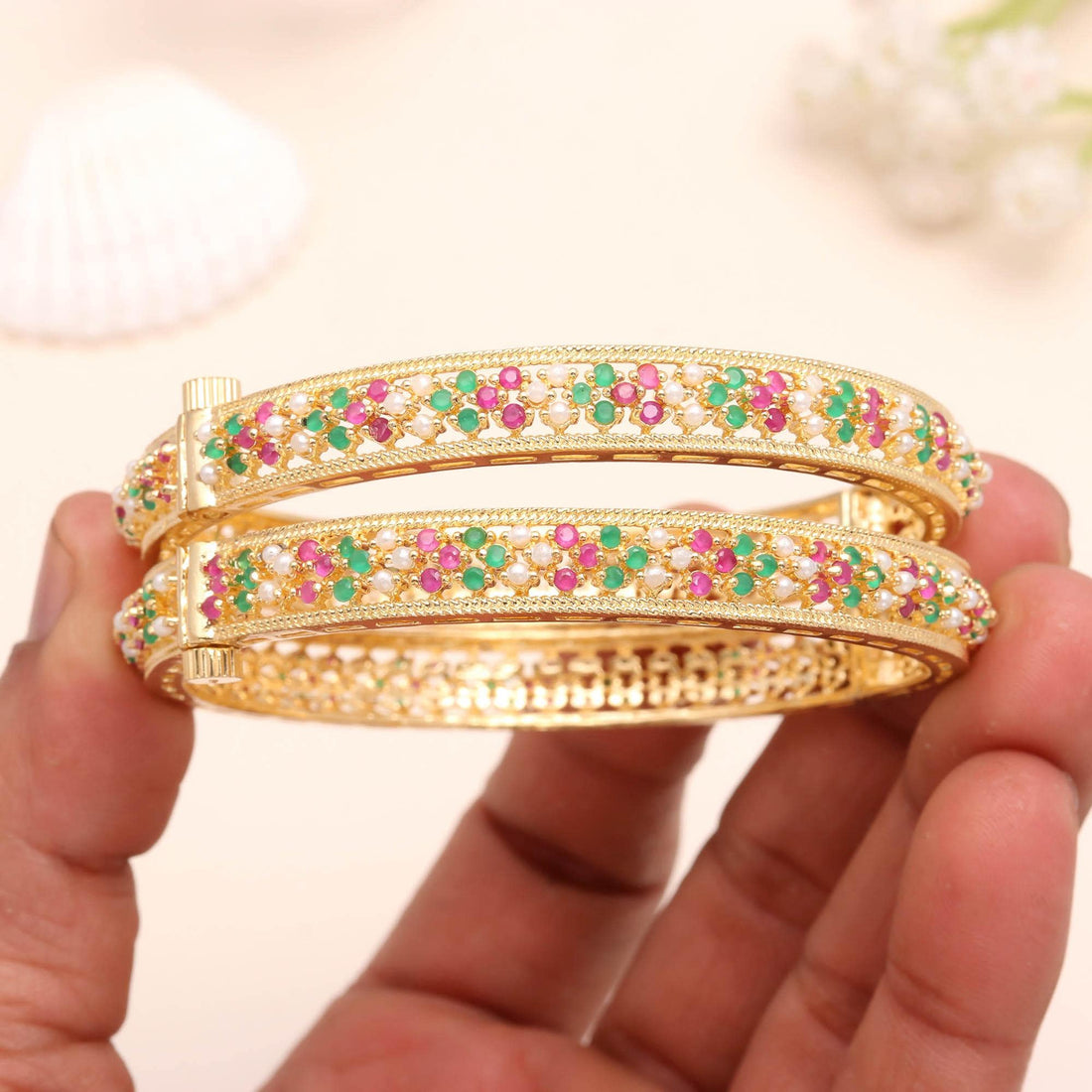 22K Gold Plated Ruby Emerald Pearl Kada Bangle | Traditional Indian Bracelet | Bridal Wedding Jewelry | Ethnic Bangle | Gift For Her — 3
