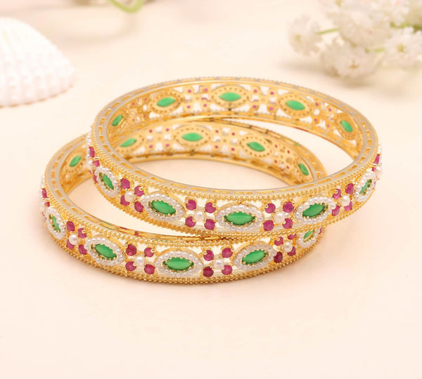 22K Gold Plated Ruby Emerald Pearl Kada Bangle | Wedding Jewelry | Ethnic Bangle | Gift For Women | Traditional Bangle  |Bridal Bangle