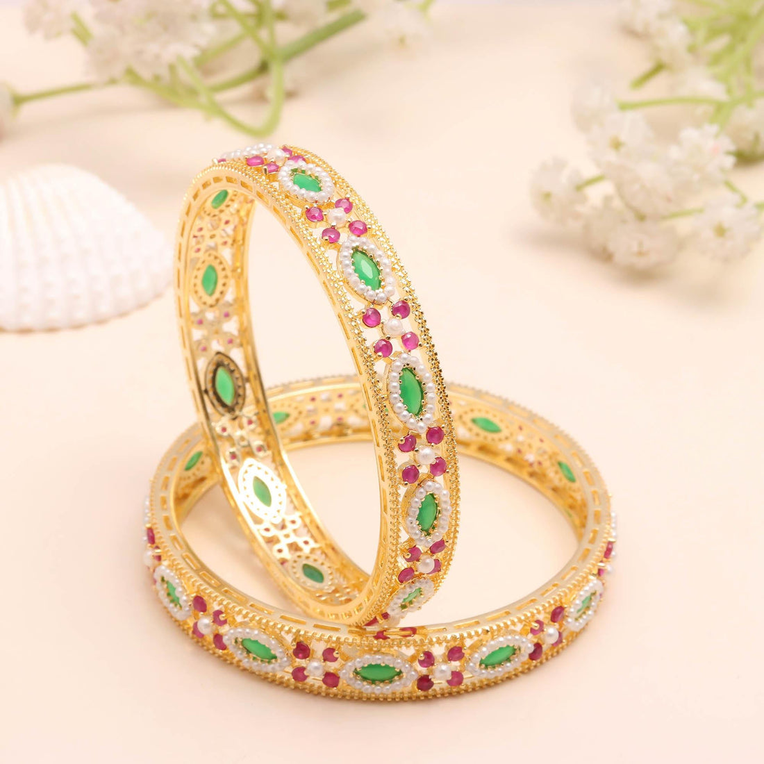 22K Gold Plated Ruby Emerald Pearl Kada Bangle | Wedding Jewelry | Ethnic Bangle | Gift For Women | Traditional Bangle  |Bridal Bangle — 2
