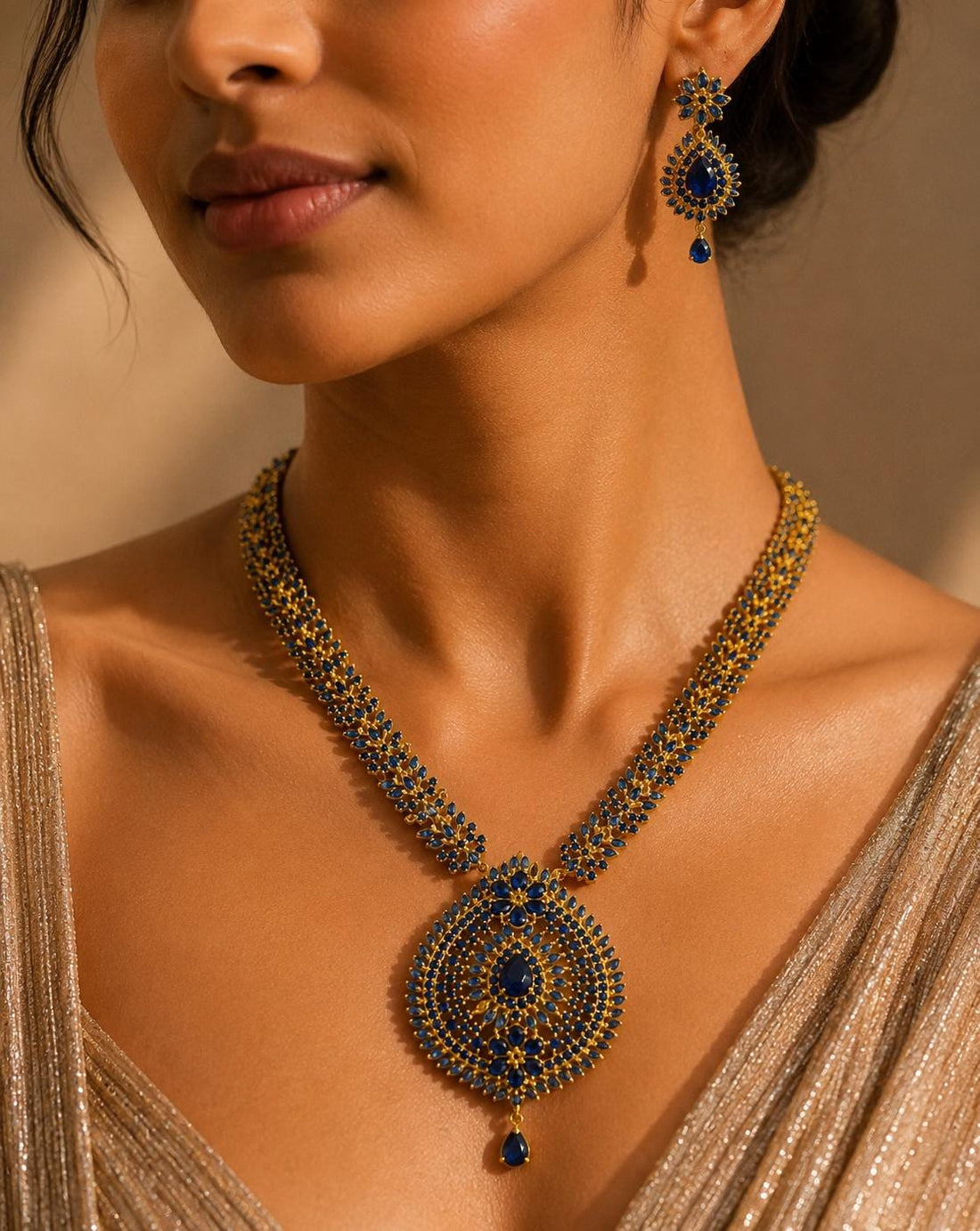 Gold Plated Blue Sapphire Long Necklace Jewelry, South Indian long Blue Haram Set — 3