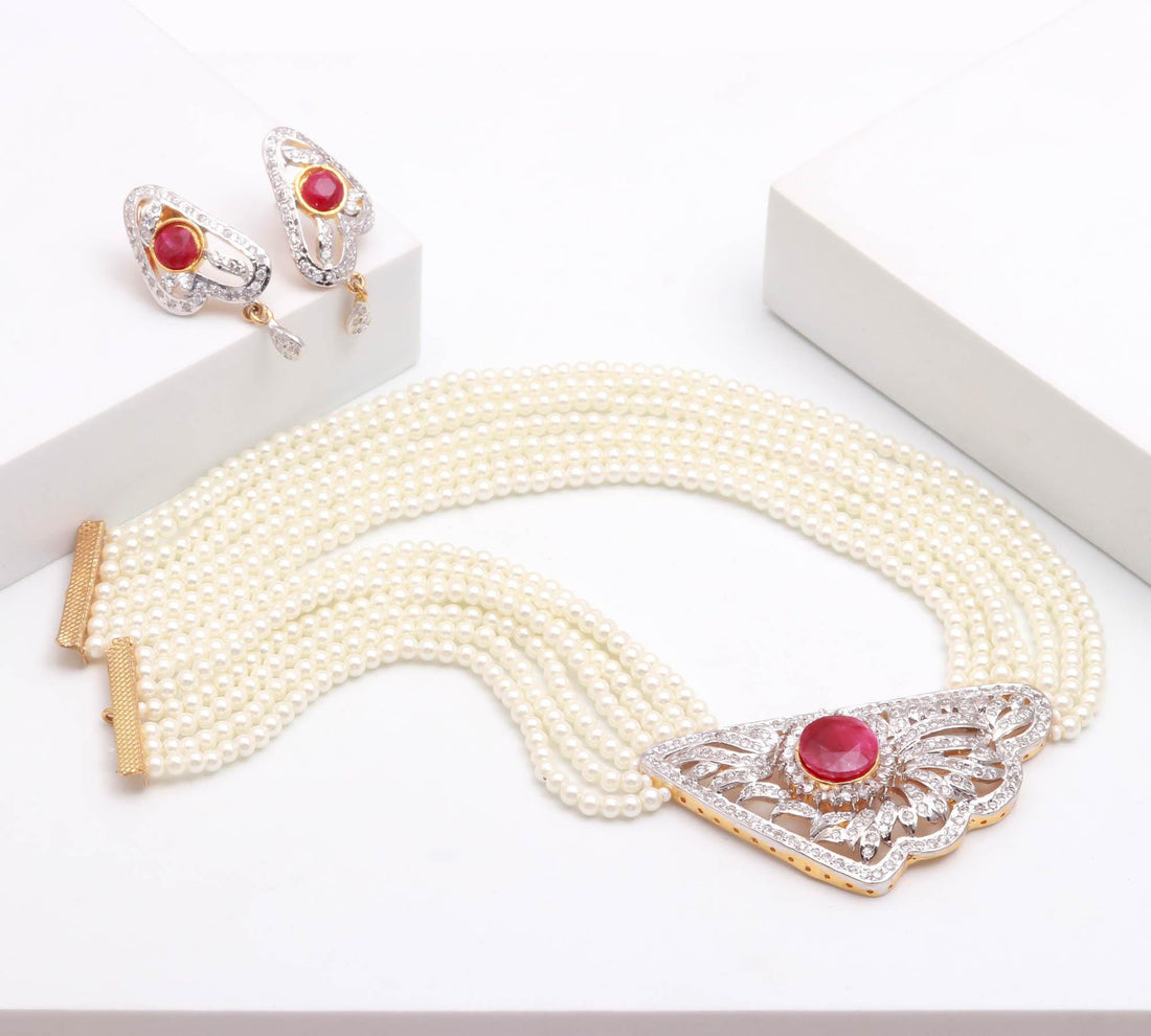 Pearl Multi Layer Choker Necklace Set with Ruby | 22K Gold Plated CZ Jewelry | Wedding Necklace | Gift For Her | Indian Statement Choker