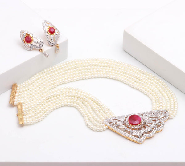 Pearl Multi Layer Choker Necklace Set with Ruby | 22K Gold Plated CZ Jewelry | Wedding Necklace | Gift For Her | Indian Statement Choker