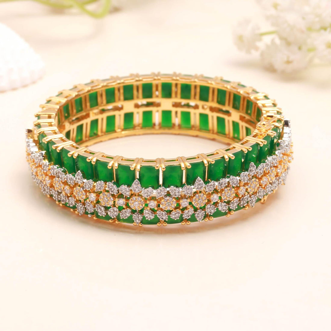 Emerald CZ Openable Bangle |22K Gold Plated Handmade Kada Bracelet | Bridal Openable Bangle | Wedding Bangle | Gift For Her — 2