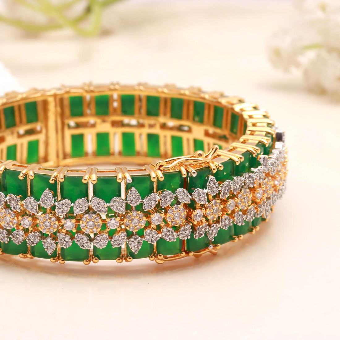 Emerald CZ Openable Bangle |22K Gold Plated Handmade Kada Bracelet | Bridal Openable Bangle | Wedding Bangle | Gift For Her — 4