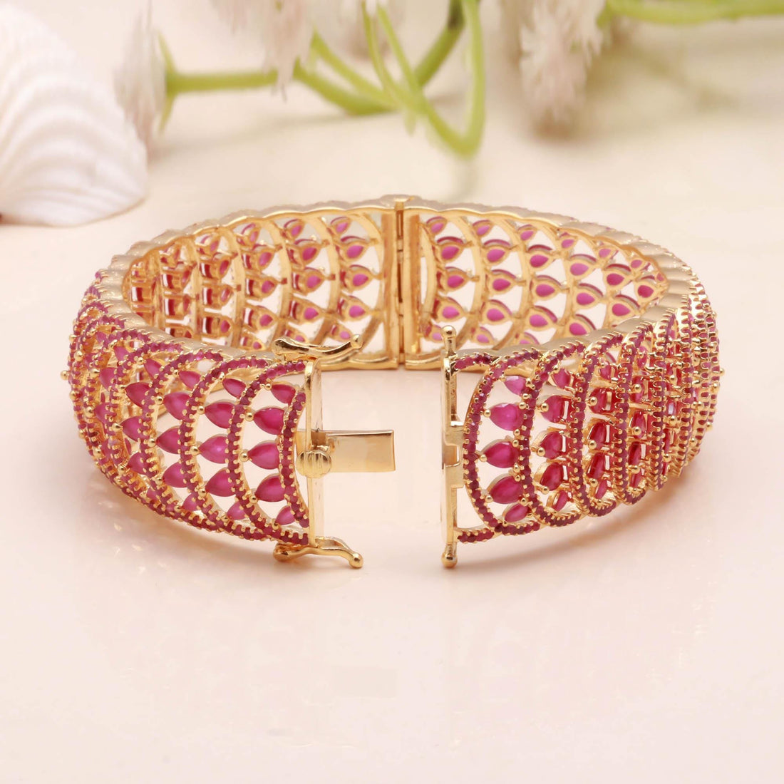 Ruby Marquise CZ Bangle | 22K Gold Plated Kada Bracelet |Traditional Indian Jewelry | Bridal Openable Bangle | Wedding Bangle | Gift For Her — 6