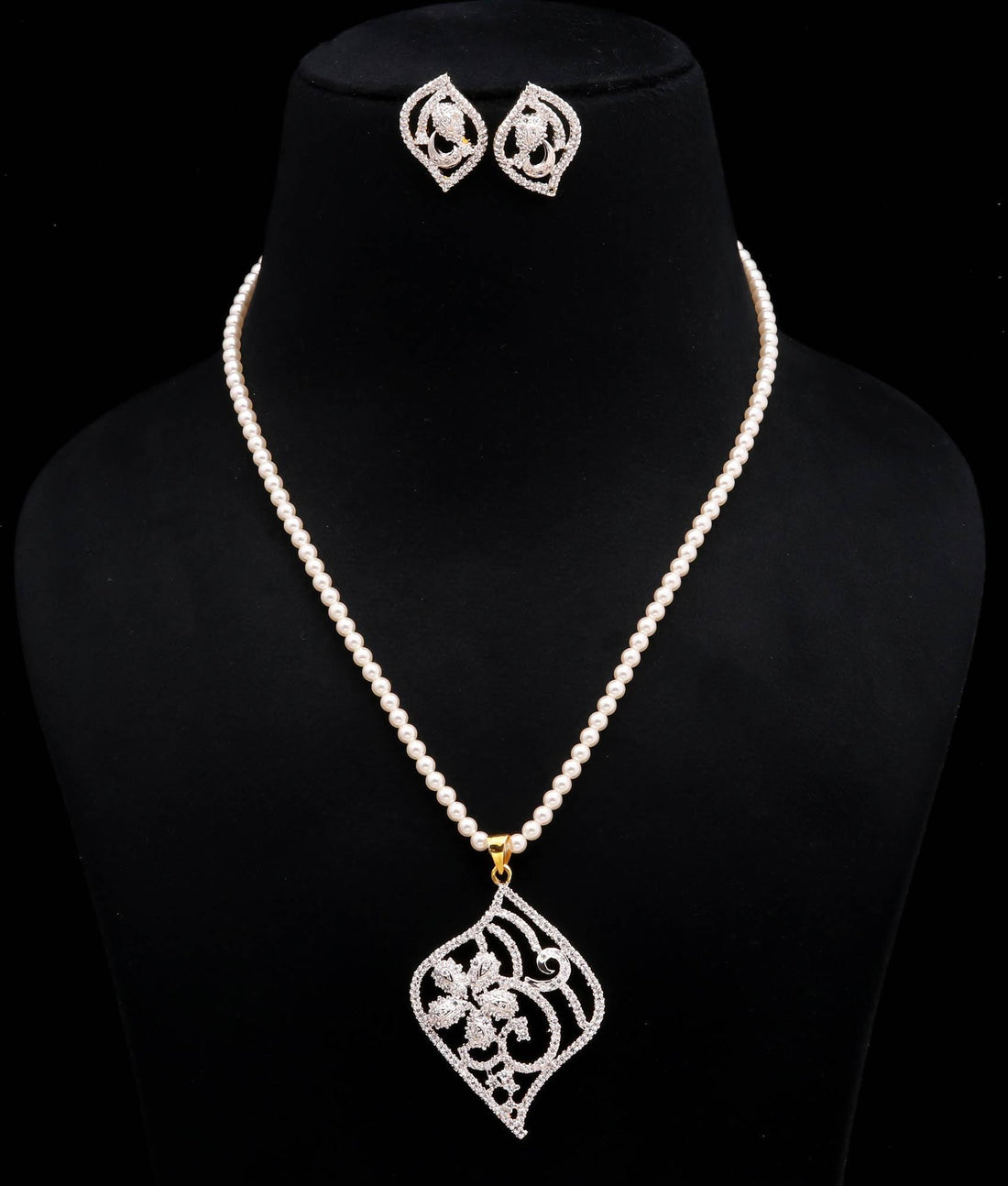Pearl Necklace With CZ Pendant | 22K Gold Plated Pendant Long Necklace  | Indian Necklace Earrings Set |Bridal Wedding Jewelry |Gift for Her — 2