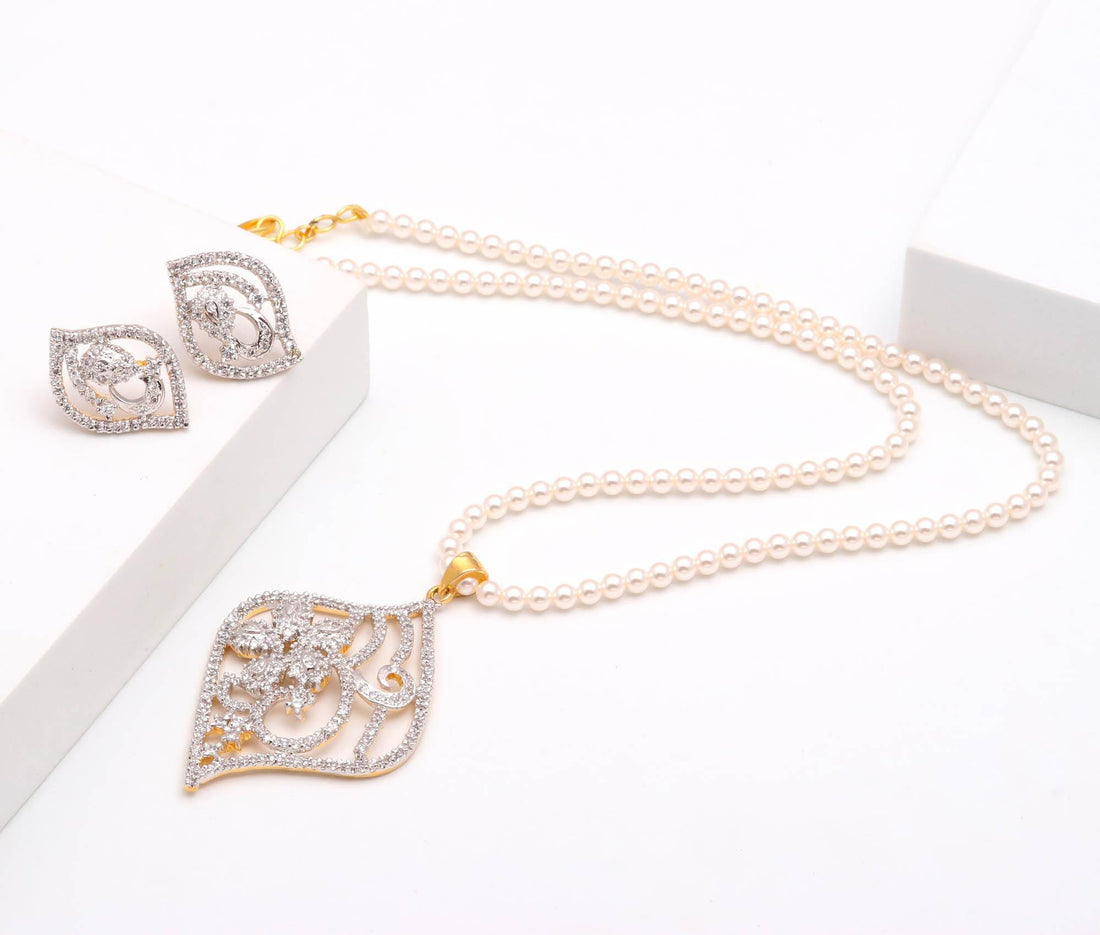 Pearl Necklace With CZ Pendant | 22K Gold Plated Pendant Long Necklace  | Indian Necklace Earrings Set |Bridal Wedding Jewelry |Gift for Her