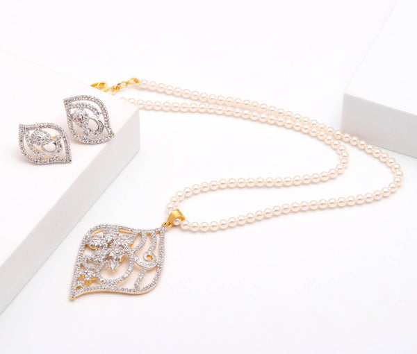 Pearl Necklace With CZ Pendant | 22K Gold Plated Pendant Long Necklace  | Indian Necklace Earrings Set |Bridal Wedding Jewelry |Gift for Her