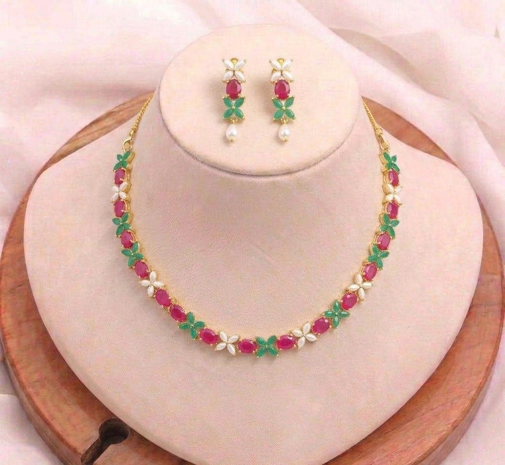 22K Gold Plated Indian Wedding  Necklace Set for Women |Ruby Emerald & Pearl Bridal Jewellery |Traditional Party Wear Necklace |Gift for Her