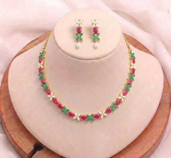 22K Gold Plated Indian Wedding  Necklace Set for Women |Ruby Emerald & Pearl Bridal Jewellery |Traditional Party Wear Necklace |Gift for Her