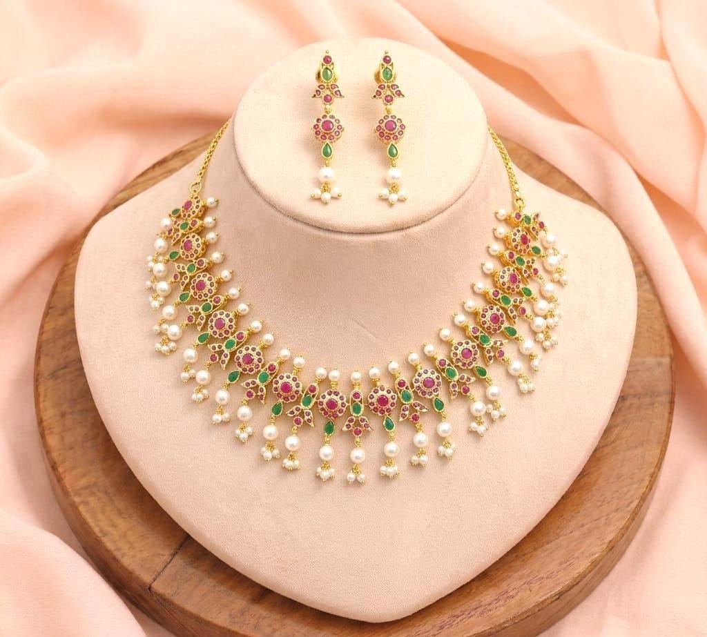 Gold Plated Ruby Necklace Set | South Indian Bridal Wedding Necklace  | Traditional Jewelry | Ethnic Statement Necklace | Gift For Her — 5