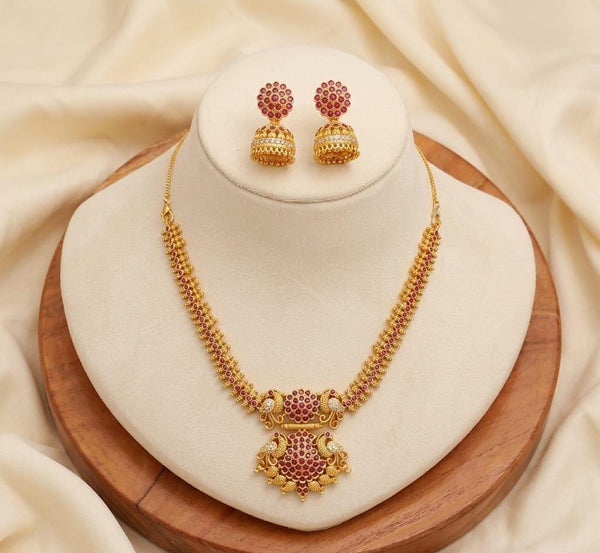 22k Gold Plated Ruby Necklace Set | South Indian Traditional Bollywood Style Jewelry | Gift for Her | Gold Plated Necklace Set for Women