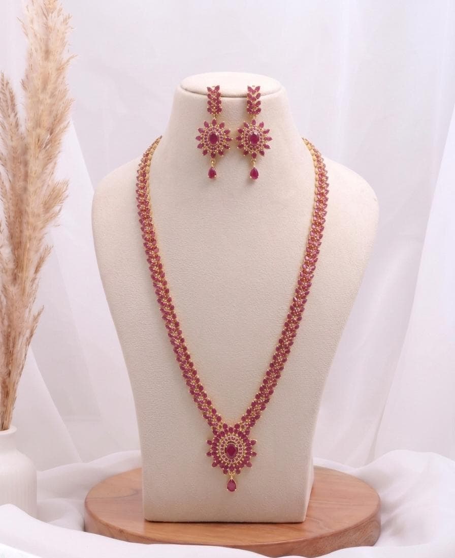 Long PremiumRuby Gold Plated South Indian Wedding Necklace | Red Necklace | Gift For Her | Haram With Earr| Ruby Jewelry |Gift for her