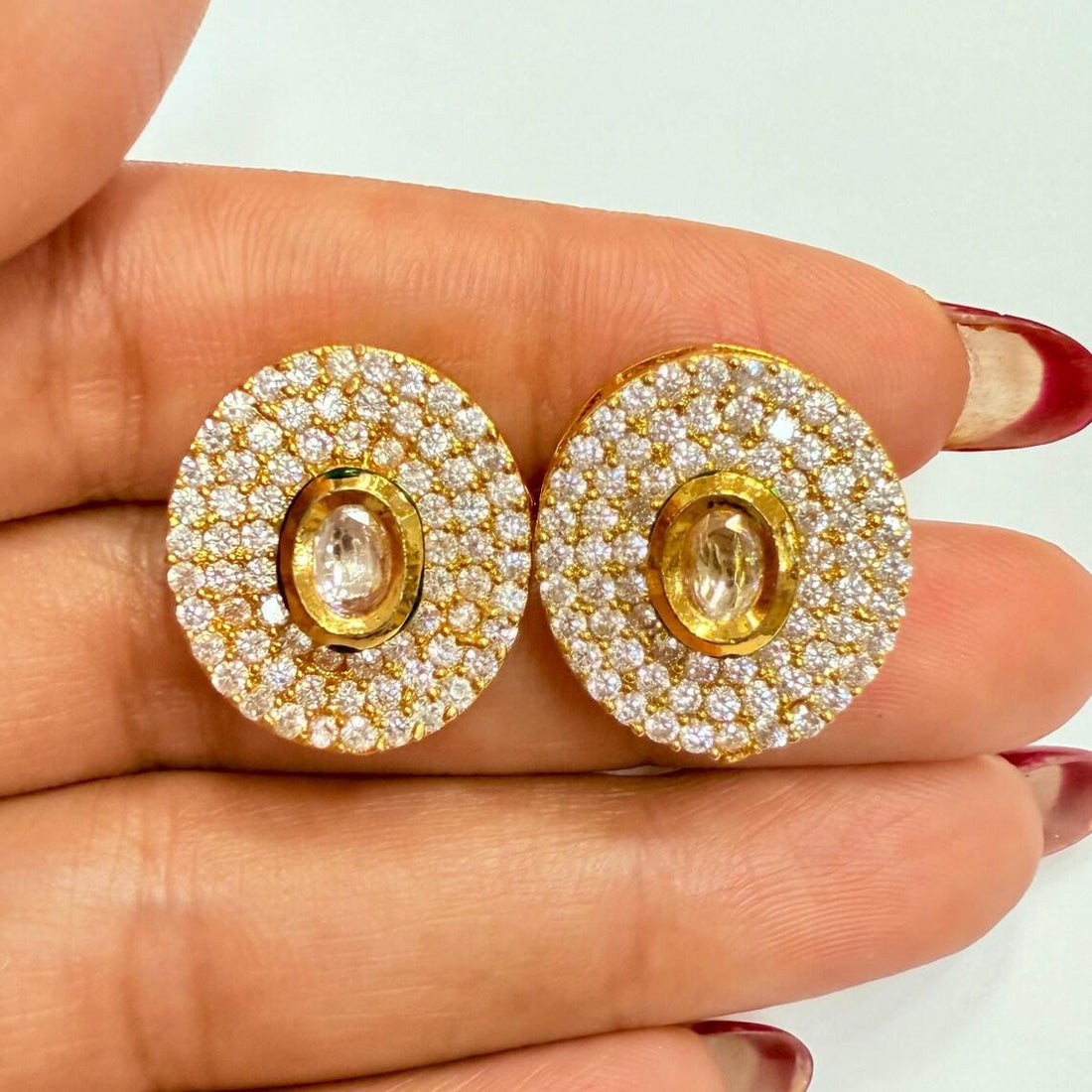 White Ruby Round Stud Earrings | Gold Plated Polki Bridal Jewelry | Indian Wedding Earrings | Ethnic Stud Earrings | Gift For Women — 3