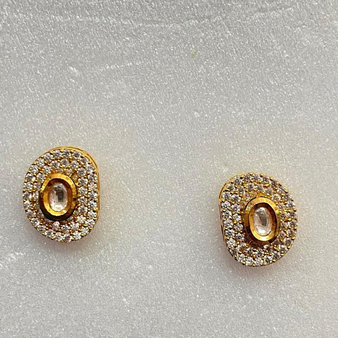 Semi Round White Polki Ruby Stud Earrings | 22K Yellow Gold Plated Bridal Jewelry | Traditional Indian Wedding Earrings | Gift For Women — 2