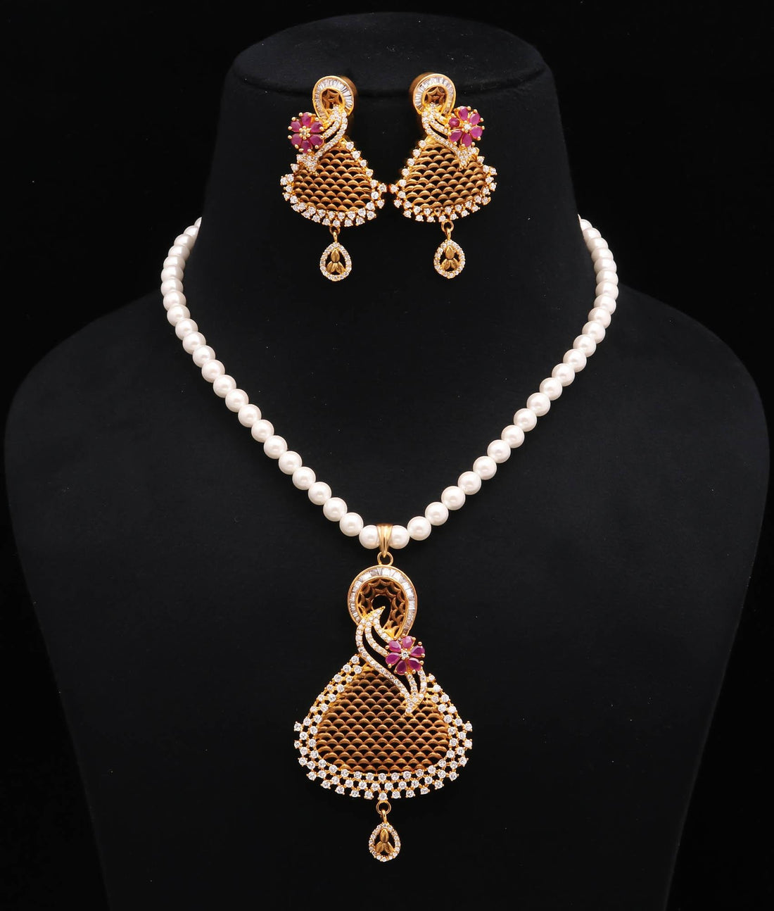 Elegant Swan Pendant Pearl Necklace Set |22K Gold Plated CZ Ruby Bridal Jewelry | Party Wear Necklace |Indian Wedding Necklace |Gift For Her — 2