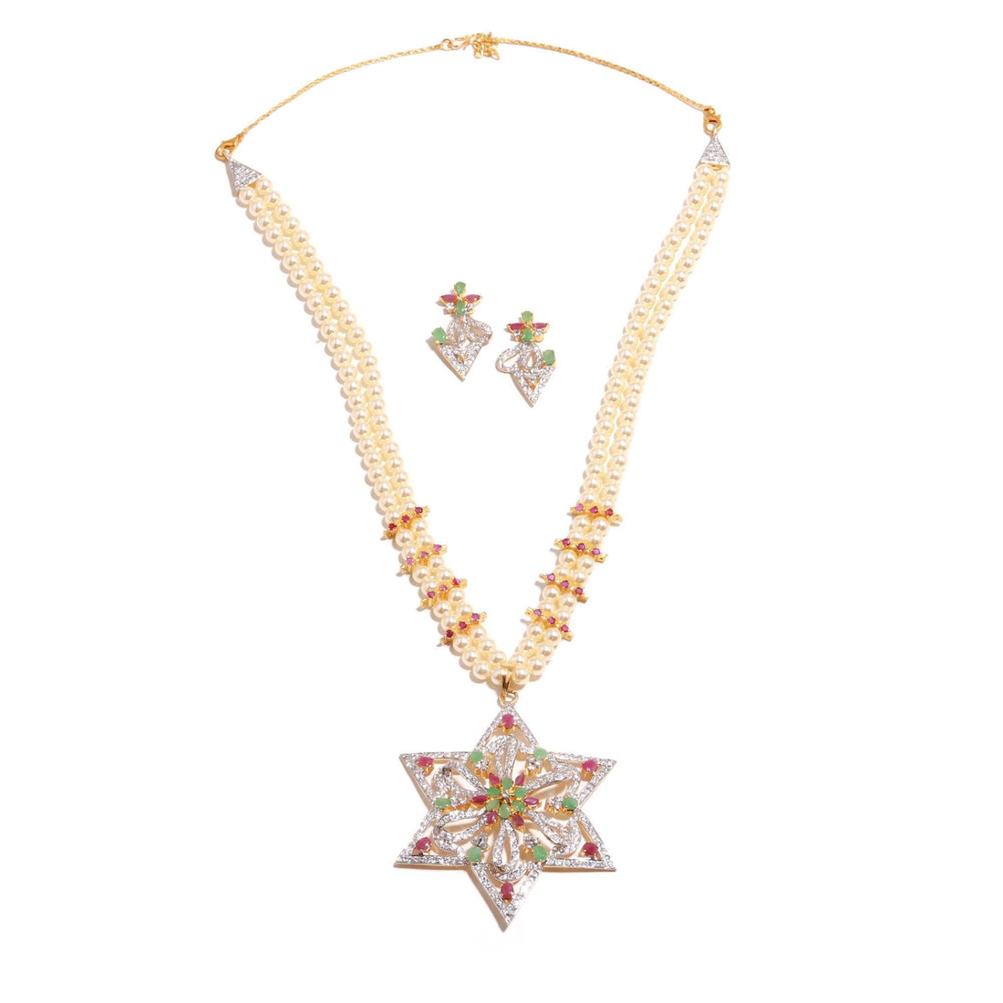 Two Line Pearl Necklace Set | 22K Gold Plated Star Emerald Ruby CZ Jewelry |Bridal  Wedding Necklace |Traditional Jewelry |Gift For Her — 4