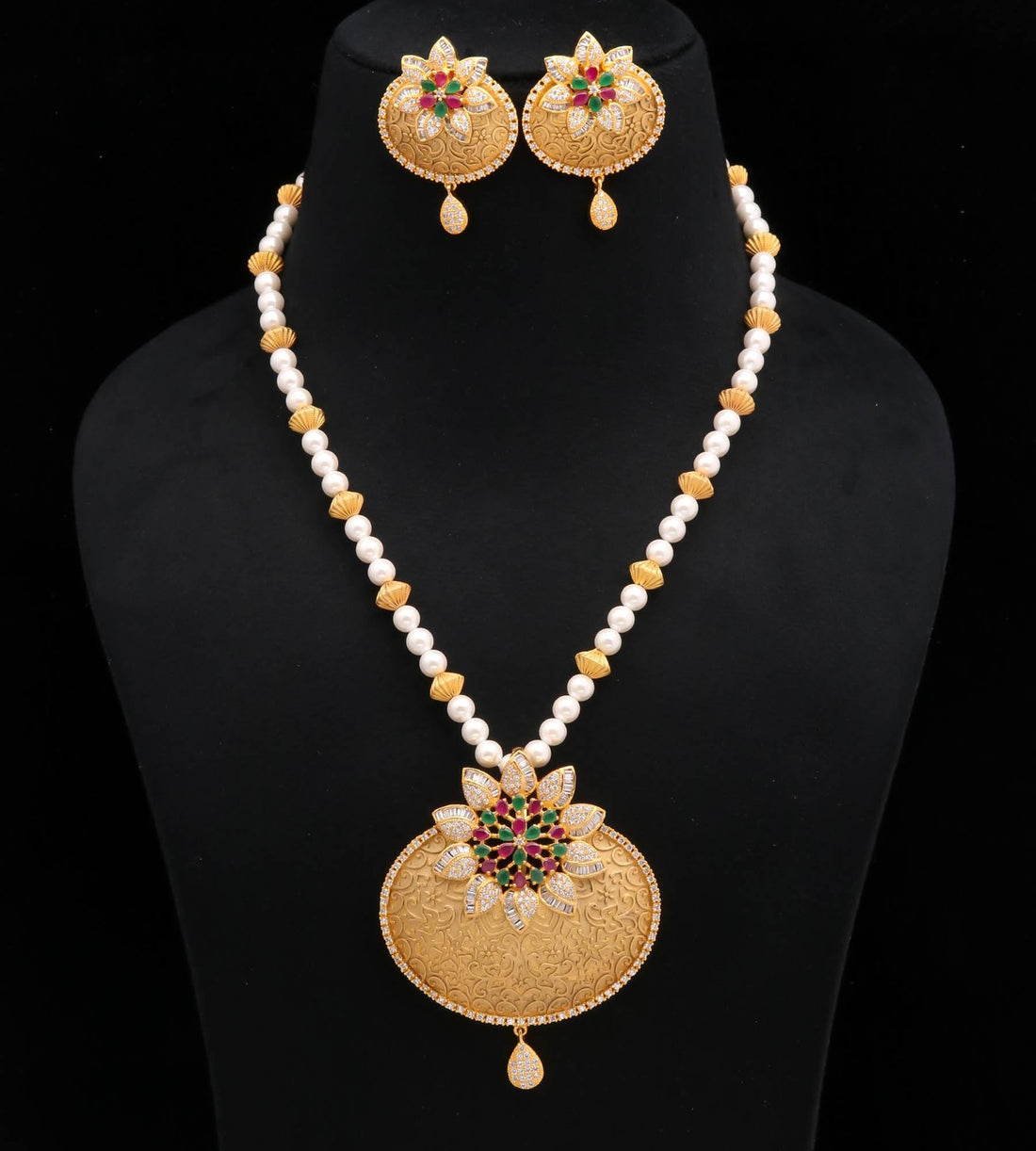 Antique Rajwadi Pearl Necklace Set | 22K Gold Plated Multicolor CZ Bridal Jewelry | Traditional Indian Wedding Necklace | Gift For Women — 2