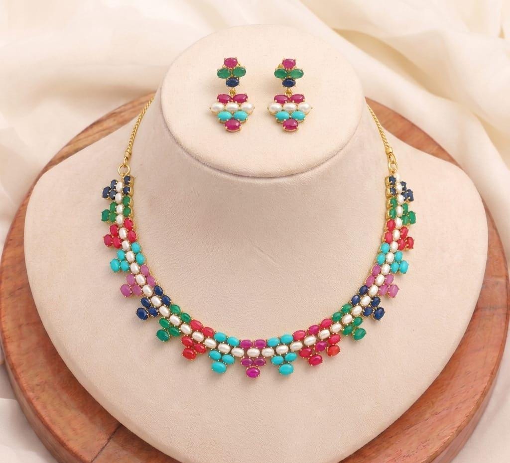 Gold Plated Multicolor Gemstone Bridal Necklace| Turquoise Coral Ruby Emerald Sapphire Wedding Jewelry | Gift For Her | Traditional Necklace — 3