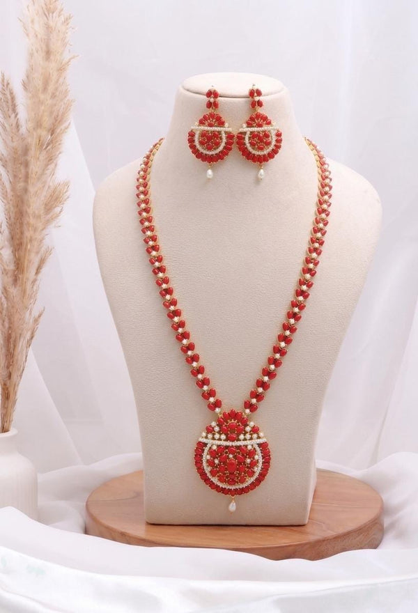 Coral & Pearl Long Necklace Set | 22K Gold Plated South Indian Bridal Wedding Jewelry | Dual Gemstone Statement Necklace | Gift for Women