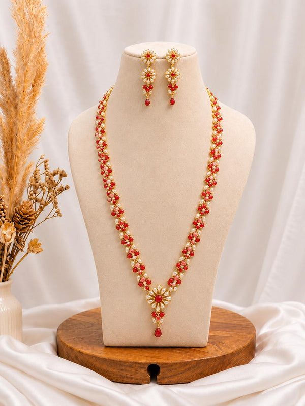 22K Gold Plated Coral Necklace Set | Handmade Indian Traditional Temple Bridal Jewelry | Red Wedding Necklace with Earrings | Gift For Her