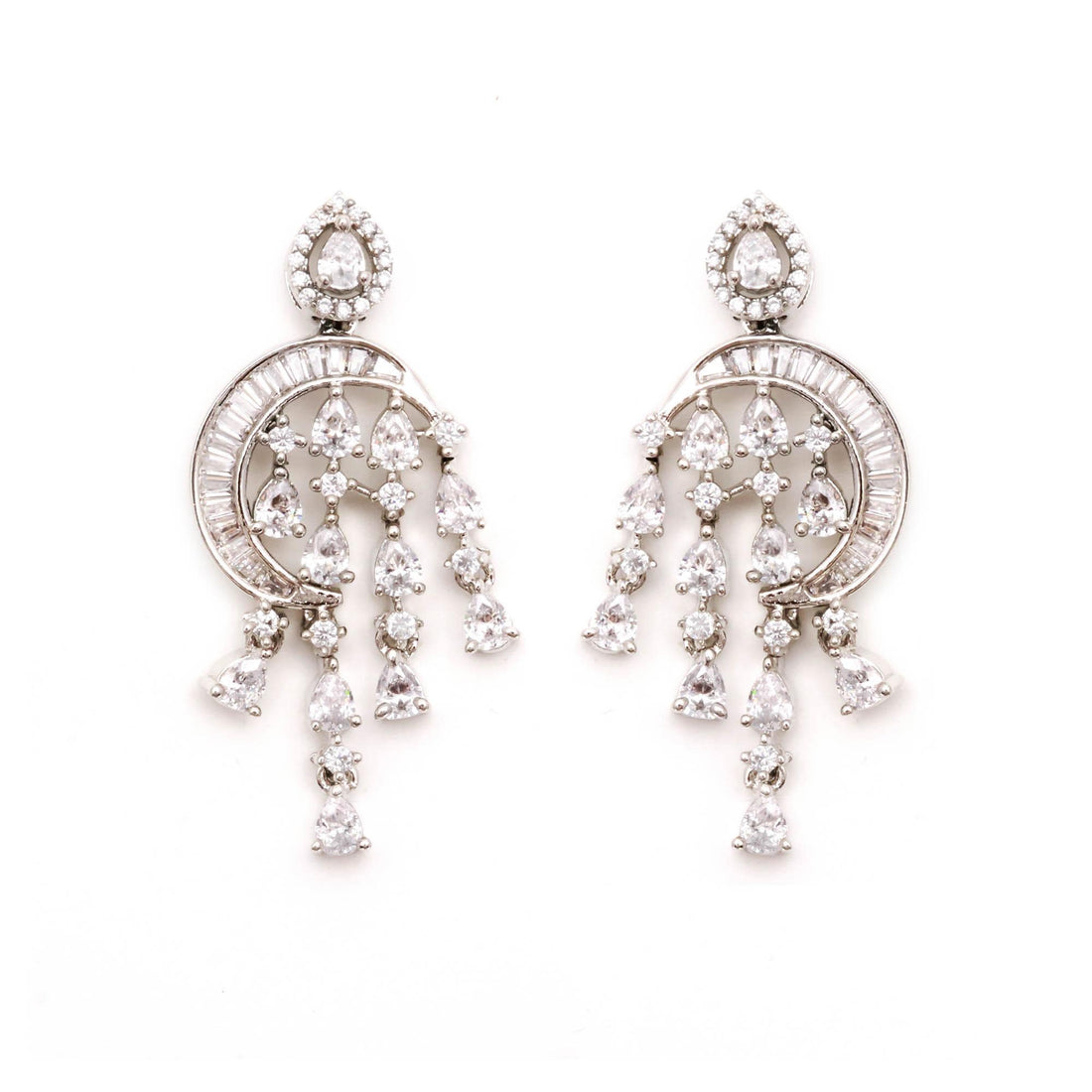Moon Star CZ Dangle Earrings, Silver Statement Earrings, Celestial Wedding Earrings, Art Deco Bridal Jewelry, Crystal Chandbali Earrings — 2