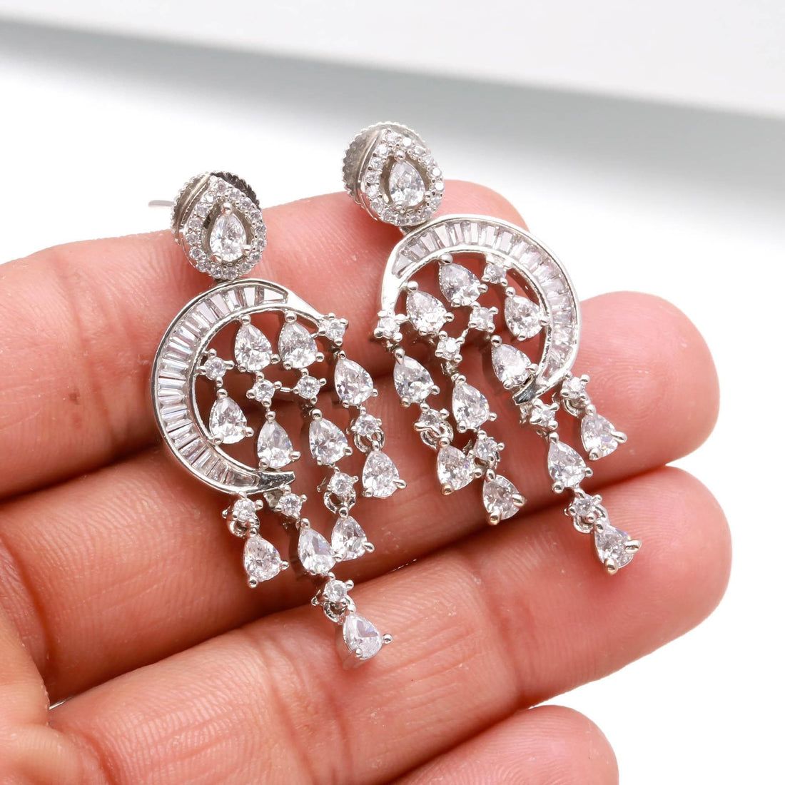 Moon Star CZ Dangle Earrings, Silver Statement Earrings, Celestial Wedding Earrings, Art Deco Bridal Jewelry, Crystal Chandbali Earrings — 3