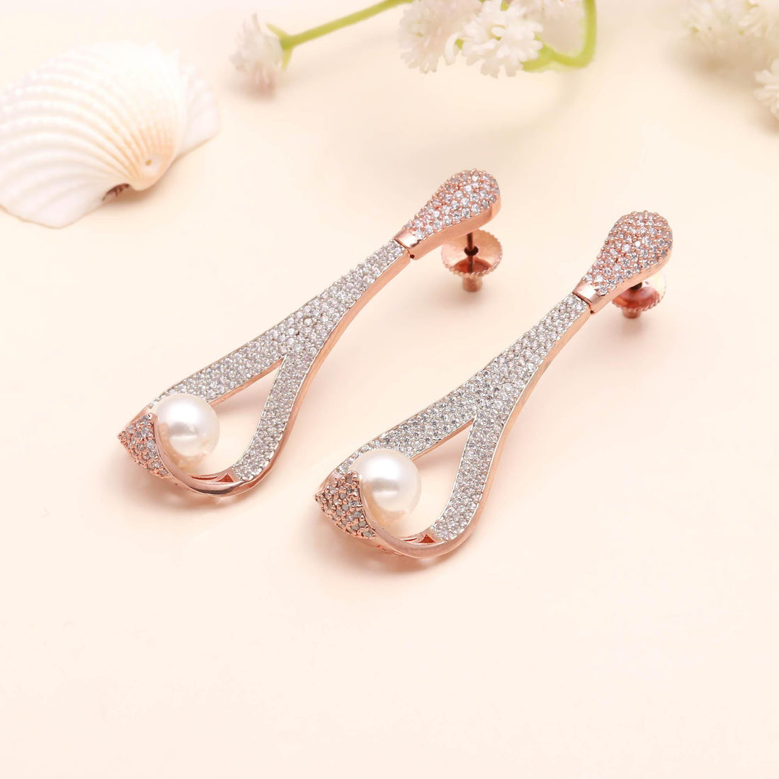 Long Statement Designer CZ Earrings | 22K Rose Gold Plated Brass Earrings | Elegant Bridal Party Wear Jewelry | Minimal Statement Earrings — 4