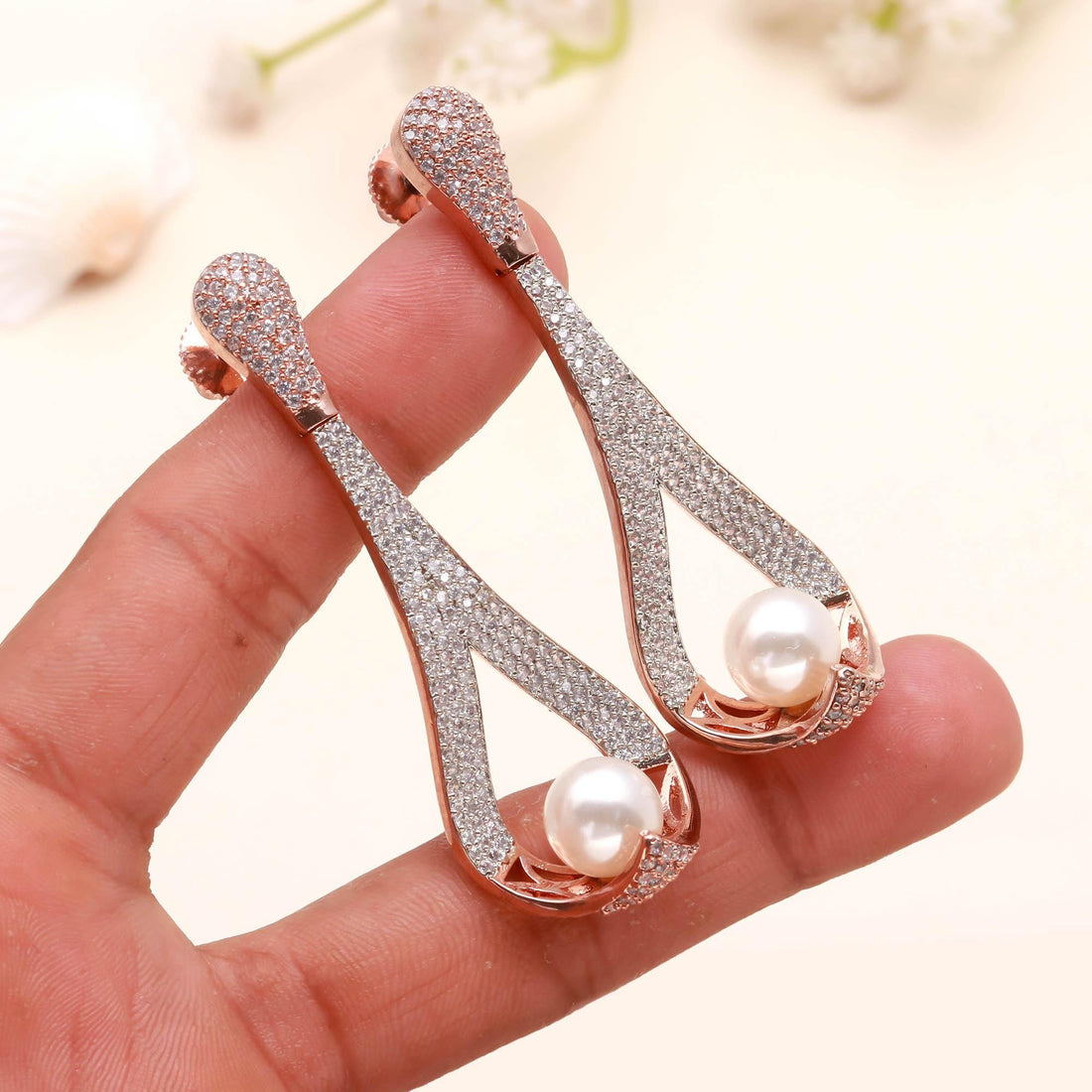 Long Statement Designer CZ Earrings | 22K Rose Gold Plated Brass Earrings | Elegant Bridal Party Wear Jewelry | Minimal Statement Earrings — 2
