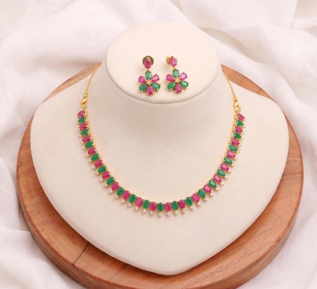 Ruby Emerald Gold Plated Necklace | South Wedding Jewelry | Traditional Bridal Temple Necklace | Ethnic Statement Jewelry | Gift for Her — 7