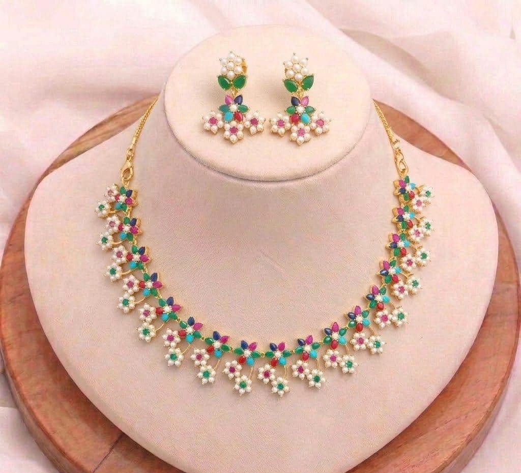Gold Plated Multicolor Stone & Pearl Necklace Set | Indian Bridal Wedding Jewelry | Traditional Ethnic Statement Necklace | Gift For Her — 3