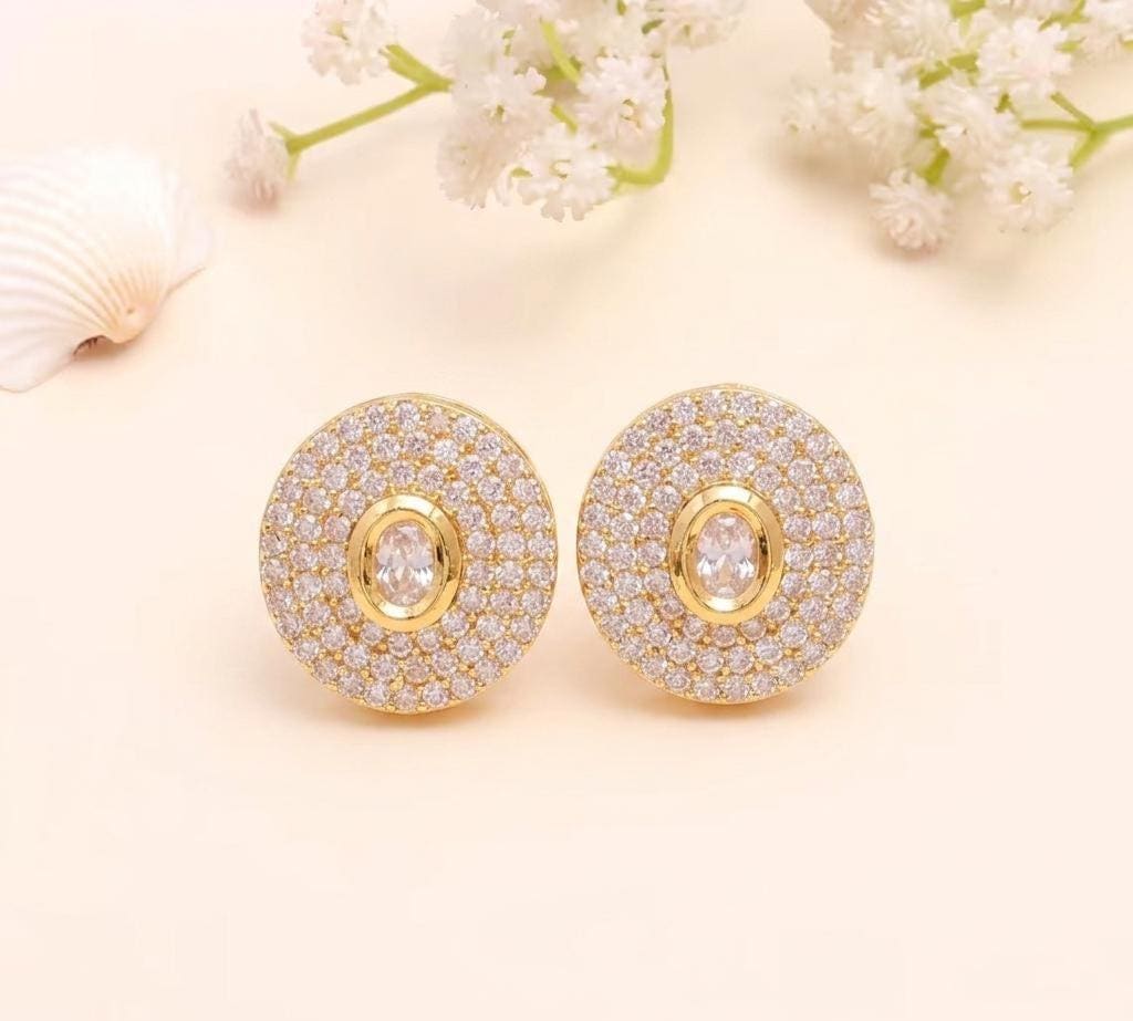 White Ruby Round Stud Earrings | Gold Plated Polki Bridal Jewelry | Indian Wedding Earrings | Ethnic Stud Earrings | Gift For Women