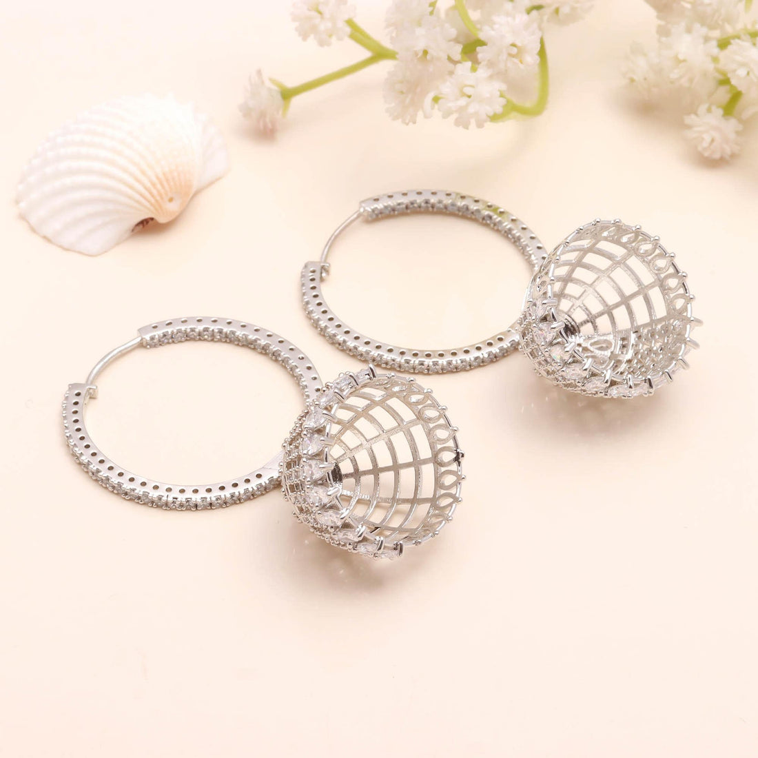 Round Big Hoops CZ Earrings | 18K White Gold Plated Brass Earrings |  Statement Earrings | White Stone Jewelry | Gift For Her