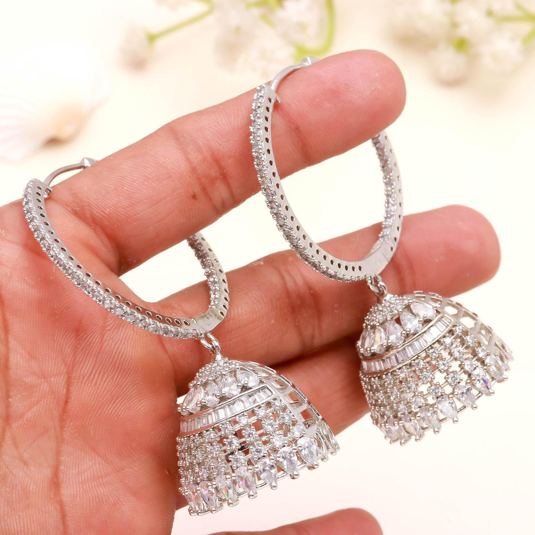 Round Big Hoops CZ Earrings | 18K White Gold Plated Brass Earrings |  Statement Earrings | White Stone Jewelry | Gift For Her — 2