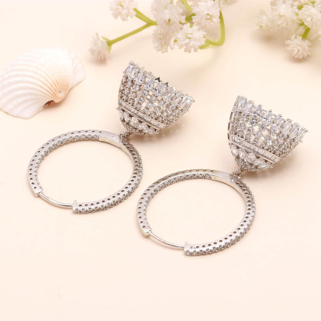 Round Big Hoops CZ Earrings | 18K White Gold Plated Brass Earrings |  Statement Earrings | White Stone Jewelry | Gift For Her — 3
