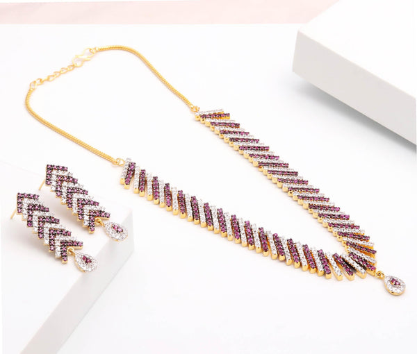 Geometric Collar Necklace Set | 22k Gold Plated Pink Ruby CZ Bridal Jewelry | Wedding Statement Choker | Gift For Women |Engagement Necklace