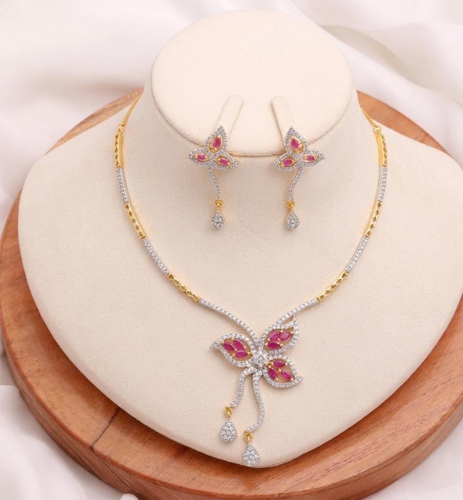 Pink Sapphire & Swarovski Diamond Butterfly Necklace Set | Gold Plated Bridal Jewelry with Earrings | Statement Necklace | Gift for Her