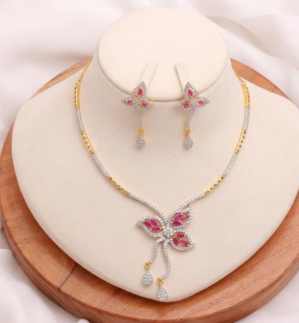 Pink Sapphire & Swarovski Diamond Butterfly Necklace Set | Gold Plated Bridal Jewelry with Earrings | Statement Necklace | Gift for Her