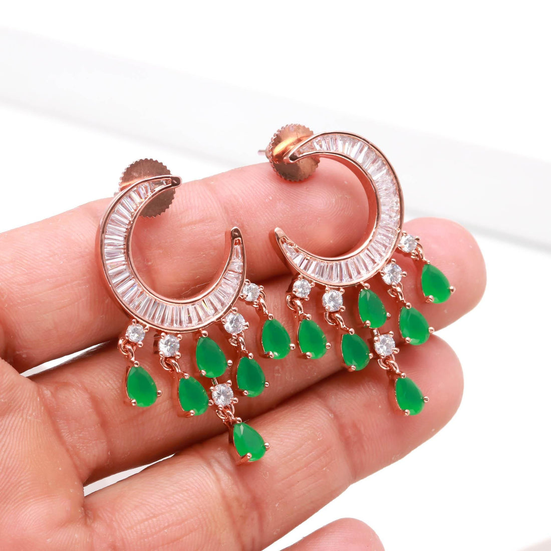 Emerald Green Minimalist Earrings | 14K Rose Gold Plated Cute Helix Tragus Jewelry | Dainty Gemstone Stud Earrings | Gift For Women — 3