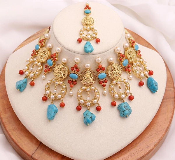 Turquoise Lakshmi Choker Necklace Set |Gold Plated Temple Jewelry | Traditional South Indian Bridal Necklace | Wedding Jewelry|Gift for Her