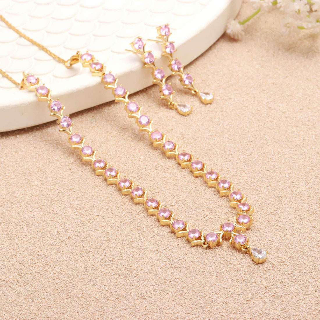Pink Gemstone Necklace Set | Ethnic Necklace | Gift For Women | Wedding Necklace | Traditional Necklace | 22K Gold Plated Necklace