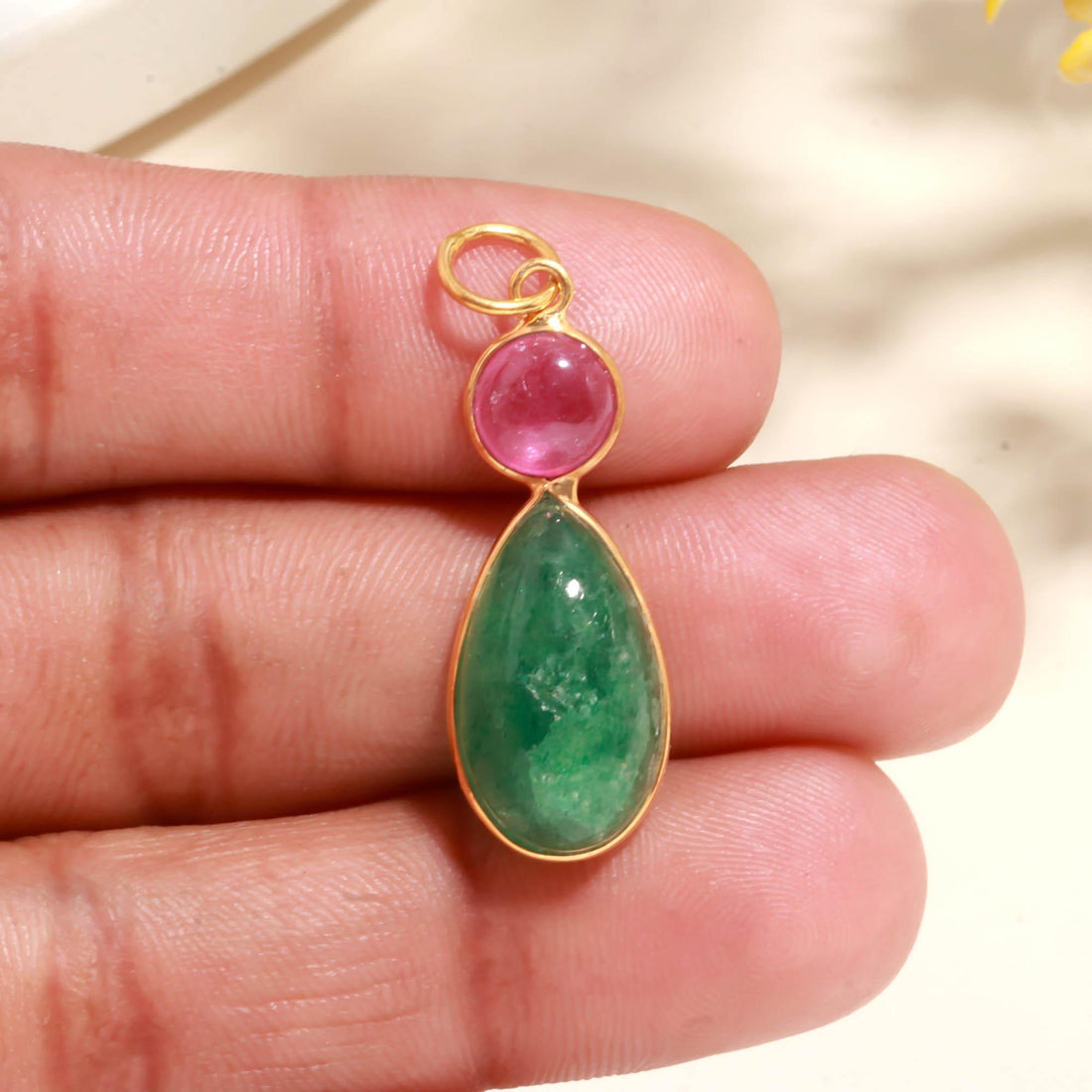 Ruby Aventurine Gold Charm Pendant | 9K Gold Bezel Set Gemstone Charm | Round Pear Cabochon Pendant | Gift For Her | Everyday Jewelry — 4