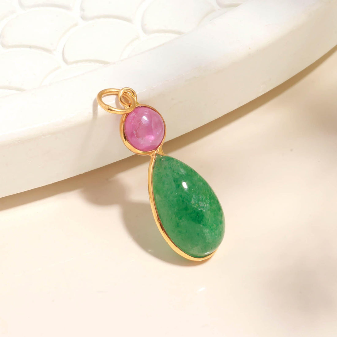 Ruby Aventurine Gold Charm Pendant | 9K Gold Bezel Set Gemstone Charm | Round Pear Cabochon Pendant | Gift For Her | Everyday Jewelry — 5