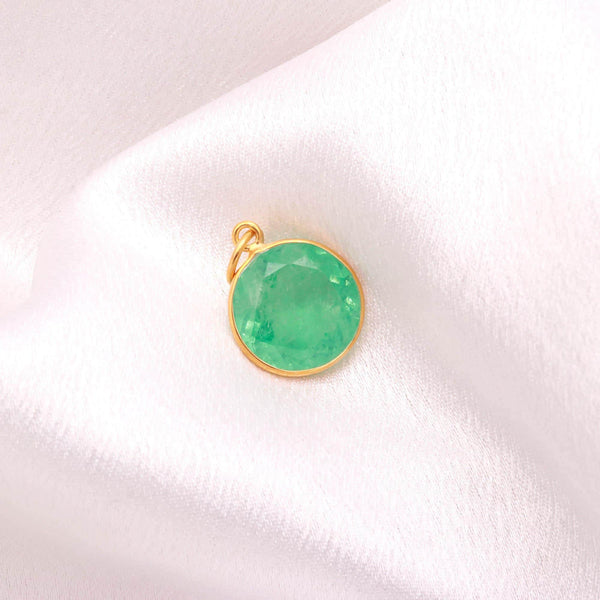 Russian Emerald Gemstone Pendant | 11.5 Ct Round Cut Emerald Charm | 9K Gold Bezel Set Jewelry | Gift For Her | May Birthstone Charm