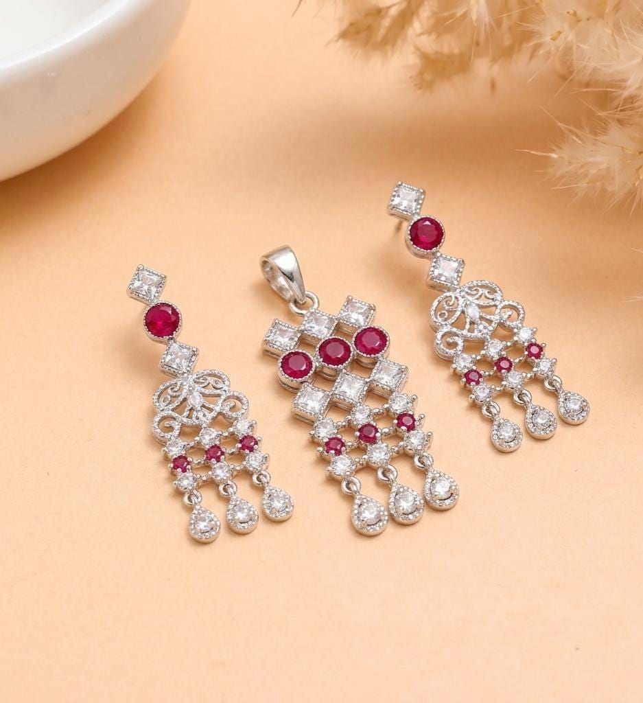 Silver CZ Necklace Set | Geometric Crystal Jewelry | Minimal Pendant Necklace and Earrings — 5