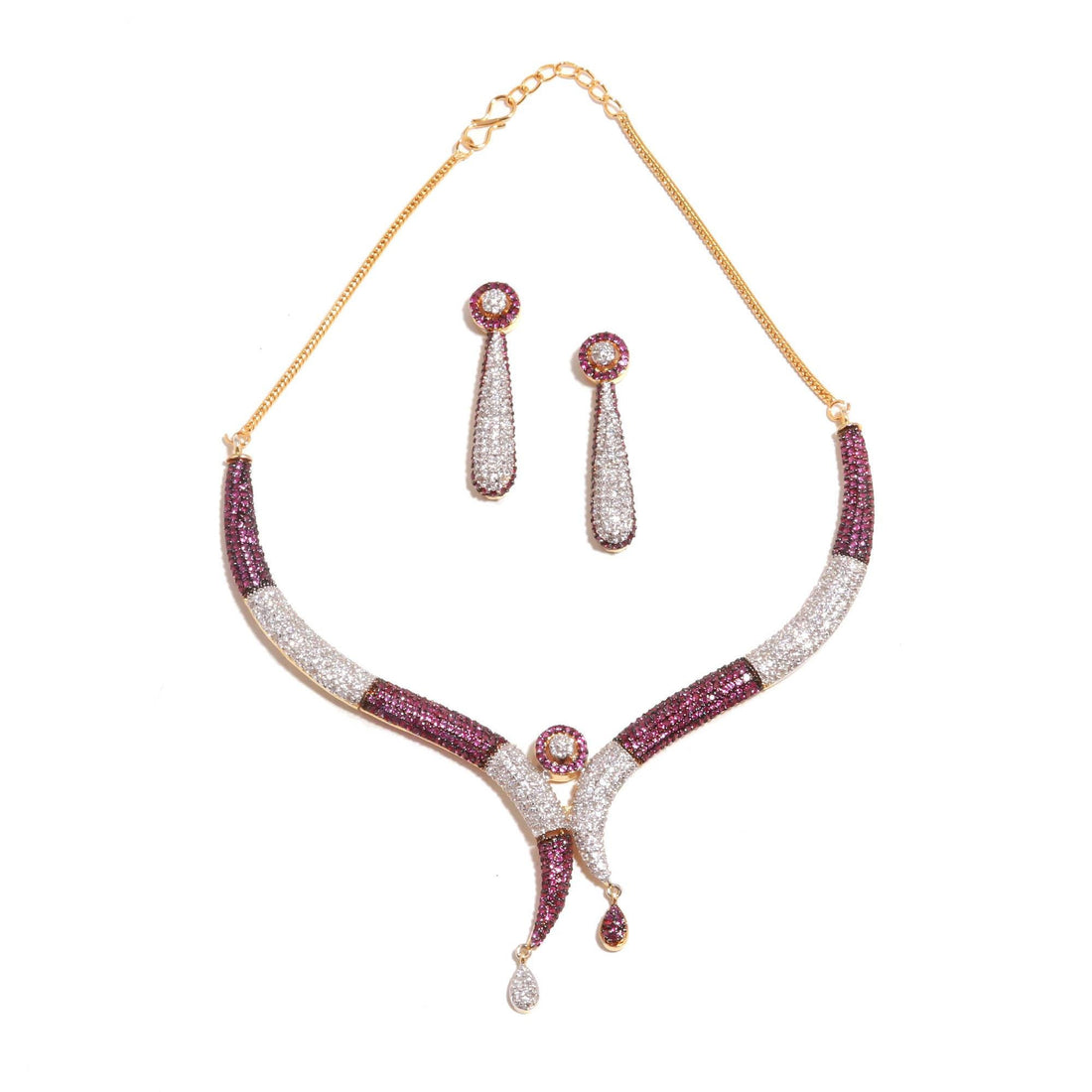 Ruby & CZ Premium necklace Set | 22K Gold Plated Choker Jewelry | Red Ruby Crystal Necklace | Statement Necklace |Gift for Women — 4