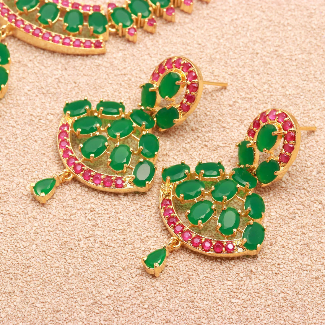Emerald Green Necklace Set | Oval Cut Ruby Bridal Jewelry |22K Gold Plated Necklace Set |Traditional Jewelry | Gift for Her | Brass Necklace — 2