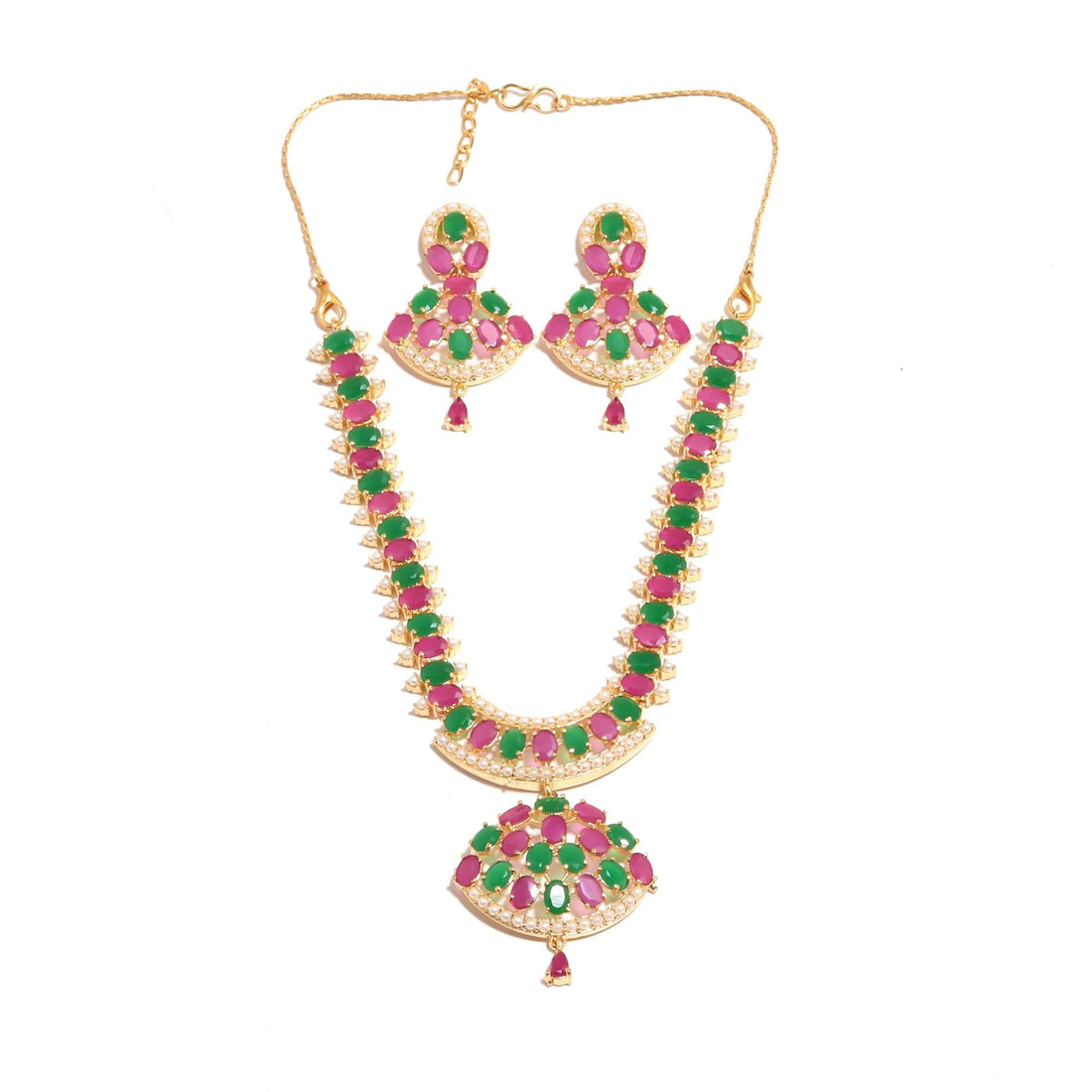 South Indian Emerald Ruby Pearl Necklace Set |22K Gold Plated Oval Cut Jewelry | Traditional Bridal Necklace | Wedding Jewelry |Gift For Her — 4
