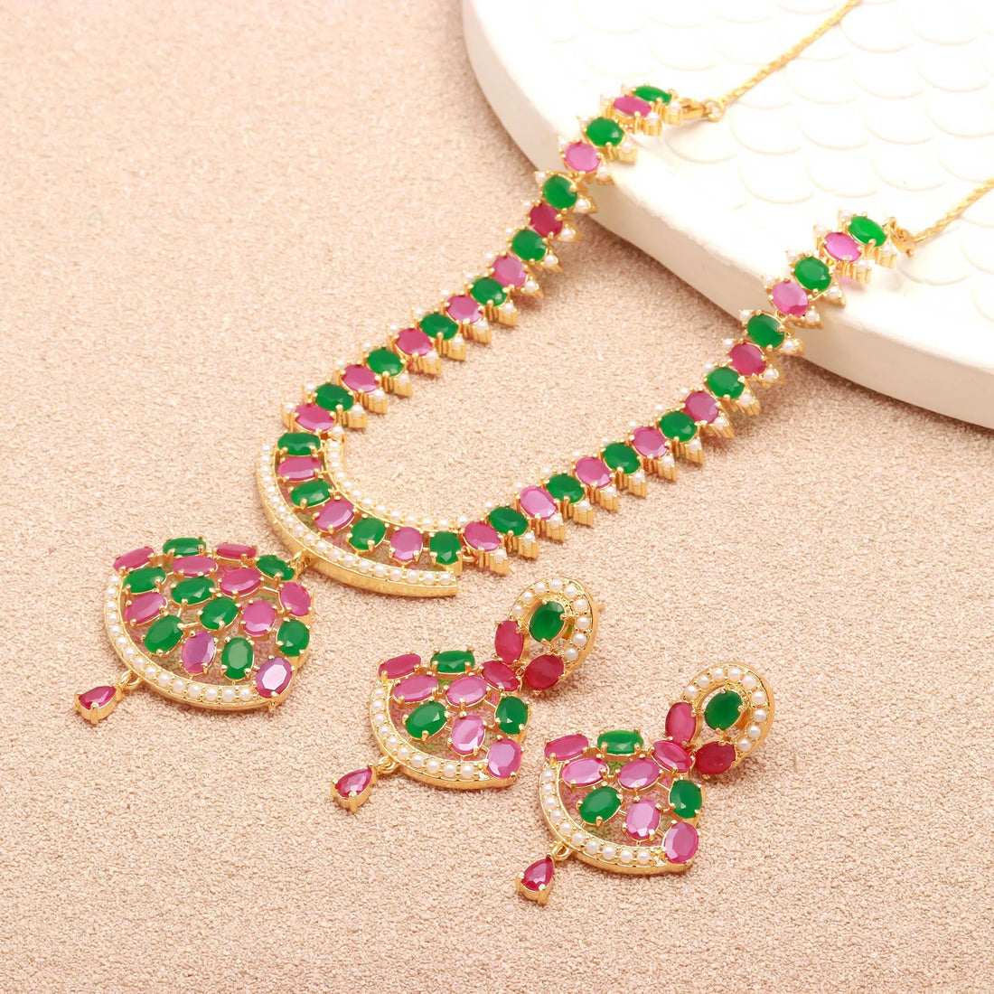 South Indian Emerald Ruby Pearl Necklace Set |22K Gold Plated Oval Cut Jewelry | Traditional Bridal Necklace | Wedding Jewelry |Gift For Her
