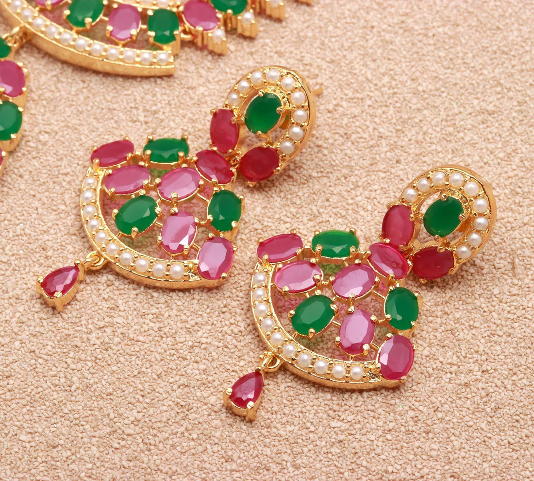 South Indian Emerald Ruby Pearl Necklace Set |22K Gold Plated Oval Cut Jewelry | Traditional Bridal Necklace | Wedding Jewelry |Gift For Her — 3